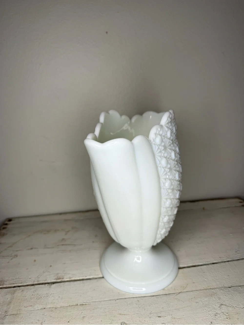 Vintage Fenton Daisy and Button Milk Glass Pedestal Vase Vintage Flared Vase